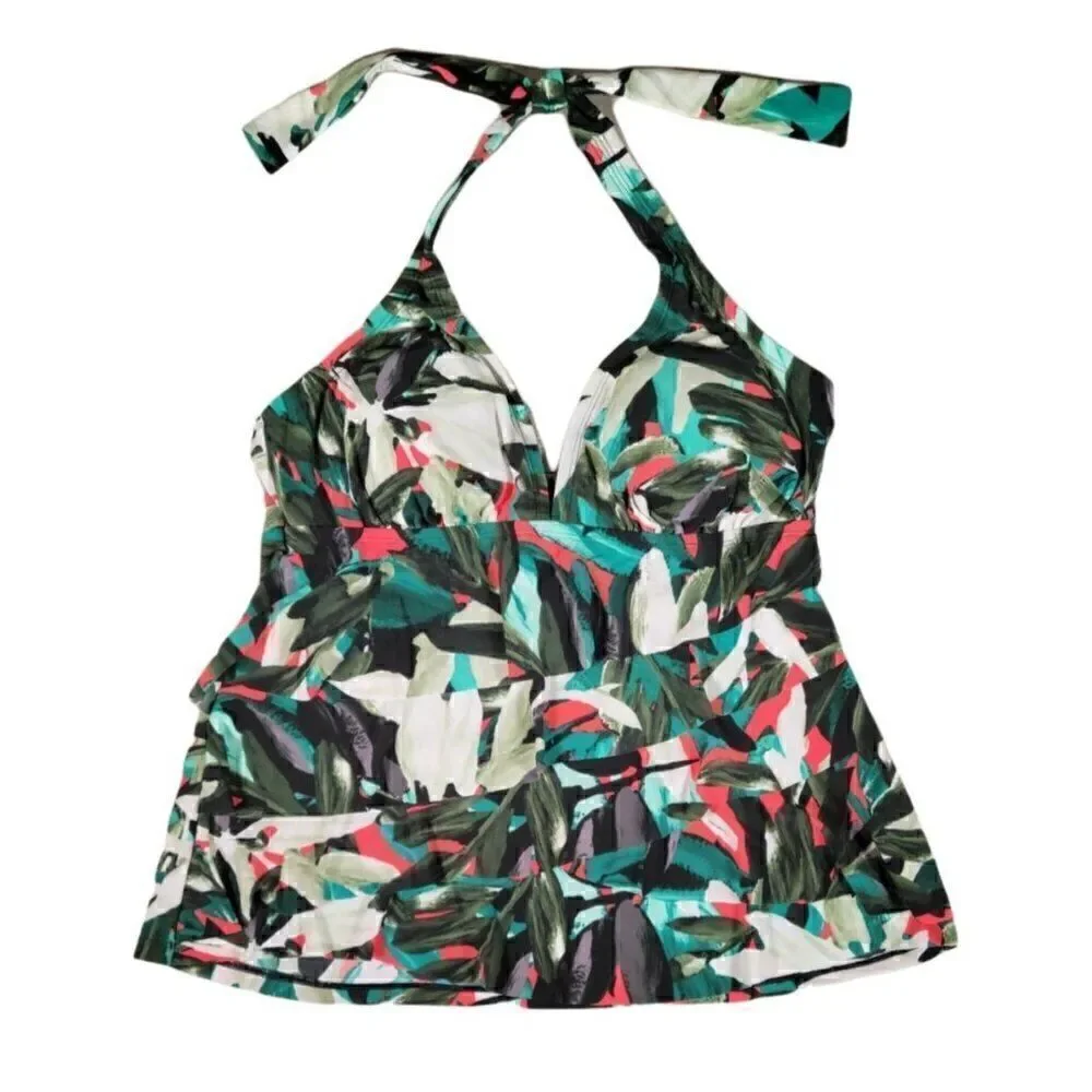 Aqua Green Women's Floral Ruffle Halter Tankini Top Sz S